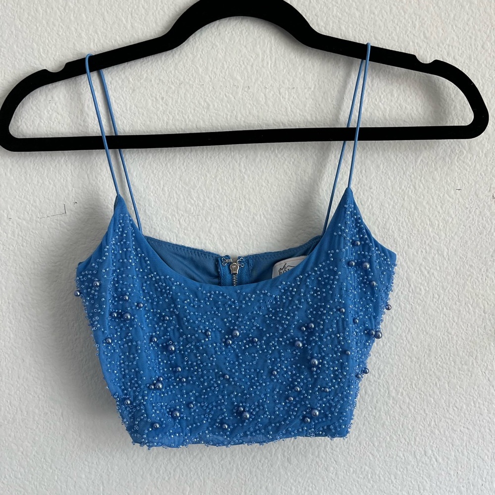 Oh Polly beaded pearl crop / top tank top in light blue